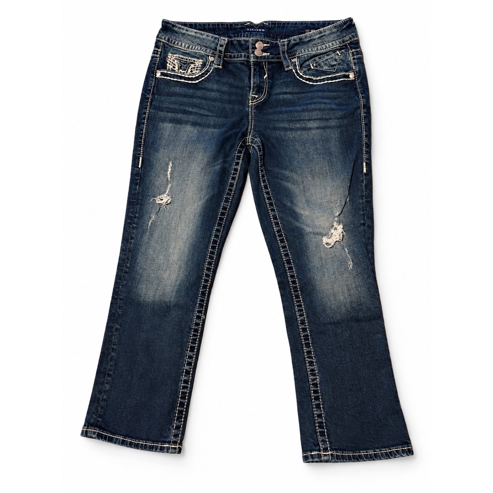 Vigoss Women's 11/12 Distressed Embellished Jeans Cropped Ankle Dark Wash Denim